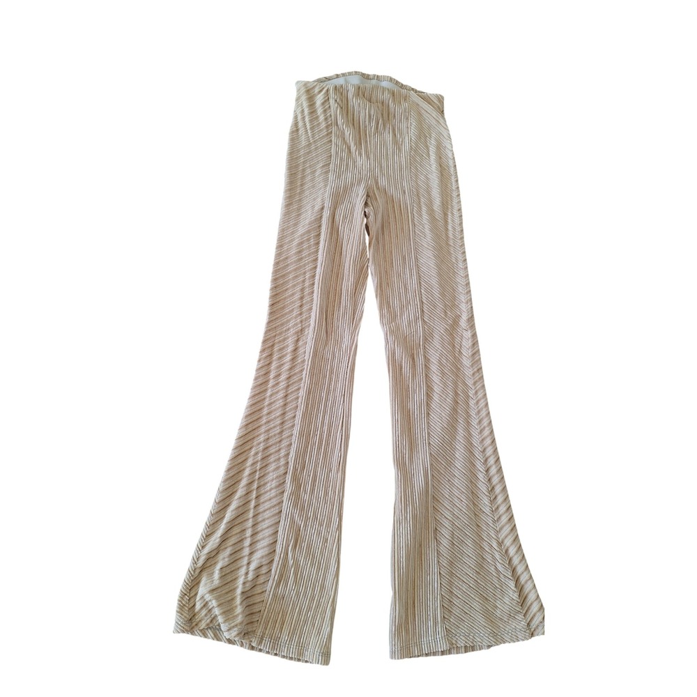 Free People Slim and Flare Ribbed Knit Pants Cream Beige High Rise XS
